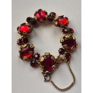 Signed Hollycraft Vintage Bracelet Red Cabochon Mid Century Jewelry Victorian